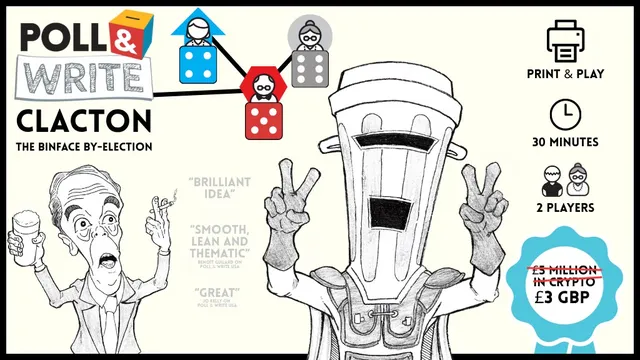 A robot with a blender for a head making peace signs, with dice and text "BRILLIANT IDEA", "SMOOTH, LEAN AND THEMATIC", "GREAT".