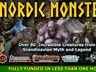 A vibrant promotional image for "Nordic Monsters: A Bestiary of Scandinavian Legends" features a variety of fantastical creatures from Scandinavian mythology, including trolls, a large humanoid figure, and a griffin-like creature. The title "NORDIC MONSTERS" is prominently displayed in bold yellow letters at the top, while the text highlights "Over 80 Incredible Creatures from Scandinavian Myth and Legend." Logos for Dungeons & Dragons 5E, Pathfinder, and Tales of the Valiant are included, along with a note that the project was "FULLY FUNDED IN LESS THAN ONE HOUR."