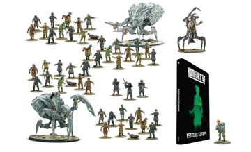 A collection of miniatures from Warlord Games' Konflikt ’47 is displayed, featuring various figures including soldiers, zombies, and mechanical creatures. Prominently featured is the book titled "Konflikt ’47: Festung Europa," which showcases a green silhouette on its cover. Among the miniatures, a notable figure in powered armor and a mechanical creature stand out, highlighting the game's unique blend of historical and fantastical elements.