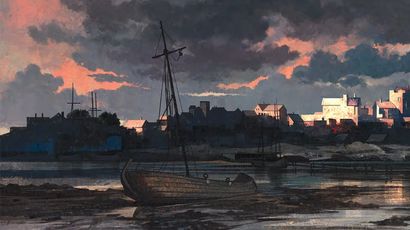 A dark and atmospheric scene depicts a calm harbor at dusk, with a weathered boat moored in the foreground. The sky is filled with dramatic clouds in shades of gray and hints of orange, reflecting the fading light. In the background, a silhouette of a decrepit town can be seen, with various buildings and masts of other boats, enhancing the sense of mystery and foreboding.