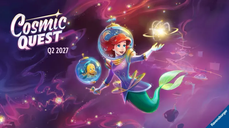 Ariel in space suit with fish in bubble, holding glowing orb, text "D23 2027"
