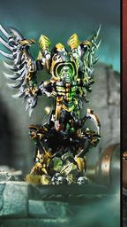 A detailed steampunk miniature of Mortenebra, the Iron Liche, stands prominently on the left, featuring intricate armor with green and gold accents, large metallic wings, and a skeletal visage. On the right, a fierce creature resembling a werewolf is depicted, with a muscular build, wild fur, and a menacing expression, adorned with foliage and sharp claws. Both figures are set against contrasting dark and moody backgrounds, highlighting their unique designs.