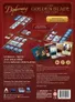 A visually rich promotional image for "Diplomacy: The Golden Blade" card game features a detailed layout of the game components on a deep red background. The game board is organized with various cards representing different European powers, alongside tokens and player aid cards. Prominent text highlights key features such as "NO PLAYER ELIMINATION!" and "WORKS WELL WITH 2-7 PLAYERS!" while the bottom section lists the game's contents and design credits.