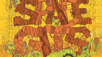 A vibrant illustration features a chaotic scene filled with cartoonish space orcs, each displaying exaggerated features and expressions, set against a bright yellow background. The title "SPACE GITS" is prominently displayed in bold, blocky letters, surrounded by various orc characters engaging in raucous activities amidst a backdrop of debris and makeshift structures. The overall tone is playful and energetic, capturing the essence of a fun, chaotic skirmish game.