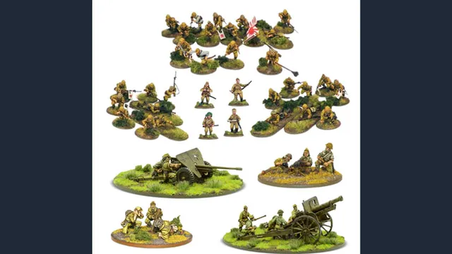 The image showcases a collection of Imperial Japanese miniatures from Warlord Games' new 'Revere the Emperor' bundle. It features 30 multi-pose plastic infantry figures, positioned in various stances, along with a 47mm light anti-tank gun and a Type 91 105mm medium howitzer, each displayed on grassy bases. Additionally, there are teams for a medium machine gun and a heavy mortar, all set against a white background, highlighting the detailed sculpting and painting of the miniatures.