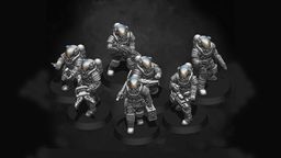 A group of six sci-fi miniatures, each wearing detailed space suits with reflective helmets, is arranged on circular bases. The figures are posed in various stances, some holding weapons while others appear to be gesturing or preparing for action. The miniatures are rendered in a monochromatic color scheme, highlighting their intricate designs and features.