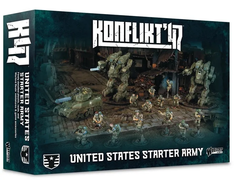 A box for the "Konflikt '47 United States Starter Army" features a dynamic scene with various miniatures and vehicles. In the foreground, several detailed figures in military attire are arranged alongside a tank and a large, mechanized walker, showcasing the game's unique blend of historical and sci-fi elements. The background depicts a war-torn environment, enhancing the thematic setting of the game.