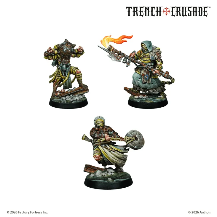 Three intricately designed miniatures from the Trench Crusade: Carcass Front game are displayed. On the left, a character in a tattered robe and armor, wielding a weapon with a flame, stands on a rocky base. The center figure, dressed in a hooded cloak, holds a spear-like weapon, while the rightmost miniature, wrapped in bandages, grips a large, circular weapon. Each model showcases detailed paintwork and unique features, emphasizing the grimdark aesthetic of the game.