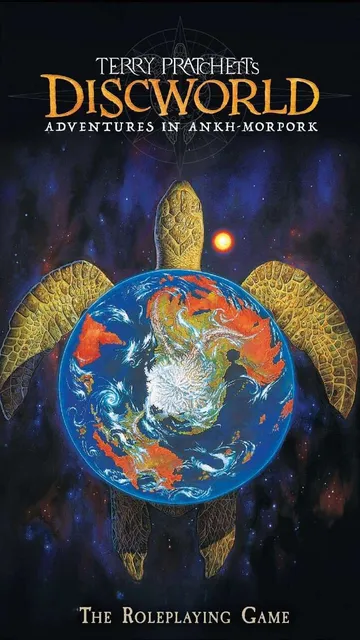 A giant golden turtle carrying a blue globe with continents, stars, and a red sun. Text: "Discworld Adventures in Ankh-Morpork".