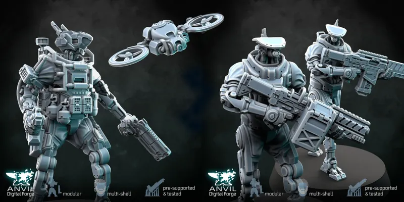 Two futuristic military robots are prominently displayed, each featuring a slim, minimal steel frame with a modernist aesthetic. One robot is holding a heavy assault rifle, while the other is equipped with a drone, showcasing a variety of dynamic poses. The models are designed with modular components and detailed features, set against a dark background that emphasizes their sleek design.