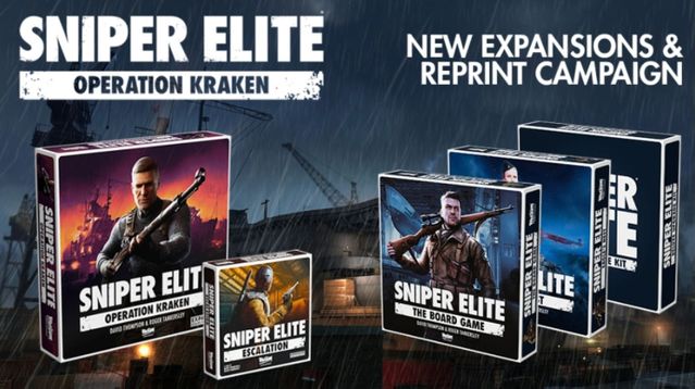 A promotional image features two game boxes for the Sniper Elite tabletop game. The larger box on the left is titled "Sniper Elite: Operation Kraken," showcasing a character holding a rifle against a backdrop of a war-torn setting. The smaller box on the right is labeled "Sniper Elite: Escalation," depicting a different character with a firearm. The background includes industrial elements, suggesting a gritty atmosphere, with rain adding to the dramatic effect.
