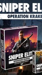 A promotional image features two game boxes for the Sniper Elite tabletop game. The larger box on the left is titled "Sniper Elite: Operation Kraken," showcasing a character holding a rifle against a backdrop of a war-torn setting. The smaller box on the right is labeled "Sniper Elite: Escalation," depicting a different character with a firearm. The background includes industrial elements, suggesting a gritty atmosphere, with rain adding to the dramatic effect.