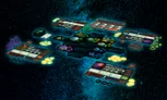 A vibrant sci-fi board game setup for "Hyperspace" is displayed against a starry background, featuring various game components. The board includes multiple player boards, planet tiles, and a variety of colorful miniatures representing alien species, colonies, and spaceships. Tokens and dice are scattered around, emphasizing the game's strategic elements and interstellar theme.