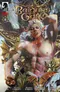 Cover art for Baldur’s Gate comic issue #1. A shirtless male character with pale skin, long white hair, and pointed ears stands in a dramatic pose, holding a curved sword. Background features ornate golden chains, foliage, and a dark, shadowy forest.