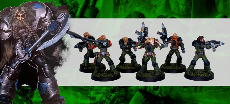 Six armored figures with weapons, green forest background.