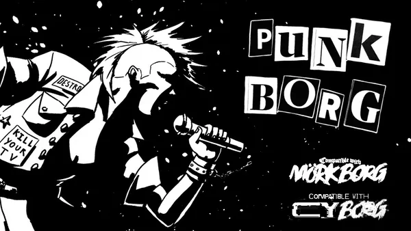 Cartoon character with spiky hair holding a microphone, wearing a leather jacket and wristbands, standing on a rooftop with a starry night sky. Text reads "PUNK BORG" in bold letters.