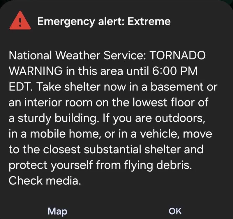 Emergency alert: Extreme. National Weather Service: TORNADO WARNING in this area until 6:00 PM EDT.