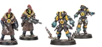 Three detailed miniatures from the Palanite Enforcer Captains & Sergeants set are displayed. The two figures on the left are heavily armored, wearing long coats with fur collars, and feature distinctive helmets with yellow visors and red mohawks. They are equipped with various weapons, including a large firearm, while the figure on the right appears to be a smaller character, possibly a cyber-mastiff, with a more intricate design. The bases of the miniatures are textured, enhancing their dynamic presentation.