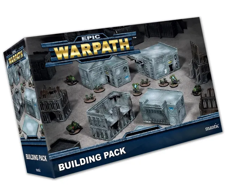 A packaging box for the Epic Warpath Building Pack, featuring a variety of modular, ruined buildings and fortified outposts designed for 10mm-scale wargaming. The box displays several grey structures, including a mix of intact and damaged buildings, alongside small bases that likely represent miniatures. The top of the box prominently features the title 