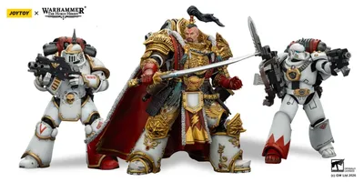 A detailed action figure of Jaghatai Khan stands on the right, adorned in ornate armor with intricate gold detailing, holding a sword. To the left, a Tactical Marine in Mk III power armor is posed with a firearm, featuring a skull motif and a red backpack. Both figures are set against a simple background, showcasing their impressive craftsmanship and articulation.