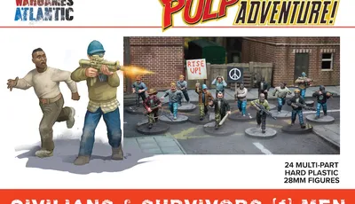 A group of 24 multi-part plastic miniatures representing modern civilians and post-apocalyptic survivors, set against an urban backdrop. The figures include a variety of poses, with some holding weapons and others carrying signs, such as one that reads "RISE UP!" The scene features a mix of clothing styles, showcasing a diverse range of characters suitable for tabletop gaming.