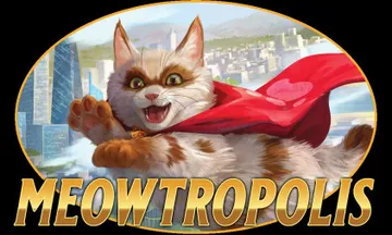 A playful, animated cat with a fluffy coat and large, expressive eyes is depicted wearing a bright red superhero cape, mid-leap against a backdrop of a bustling city skyline. The cat's joyful expression suggests excitement and determination, embodying the spirit of a superhero. Below the cat, the word "MEOWTROPOLIS!" is prominently displayed in bold, golden letters, emphasizing the vibrant theme of the setting.