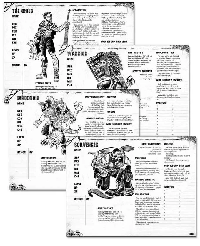 Illustrated character class sheets for a tabletop roleplaying game. Five classes are shown: Warrior, Dinodruid, Scavenger, Whirlblind Ritualist, and Explorer/Jamcrafter.

- **Warrior**: A muscular figure in tattered clothing and armor, wielding a large sword. The text next to them reads "WARRIOR," followed by stat categories: STR, DEX, CON, INT, WIS, CHR, LEVEL, HP, XP, ARMOR, RV. Starting stats and equipment are listed, including "Starting Hit Points (HP): 1d4 + 4," "Unstable Weapon," and "Armor: All." The ability "Whirlblind Ritual" is described, detailing how it works and its effects at level-up.

- **Dinodruid**: A humanoid figure with a dinosaur-like head, wearing a cloak and holding a staff. The text reads "DINODRUID" with the same stat categories as the Warrior. Starting stats include "Starting Hit Points (HP): 1d4 + 2." Abilities listed include "Sur