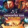 The cover of "Undaunted 2200: Revolution" features a dynamic space scene with four characters prominently displayed, each with distinct expressions and styles. In the background, various spacecraft are depicted flying through a vibrant cosmic setting, while a futuristic landscape with domed structures is visible below. The title "UNDAUNTED 2200 REVOLUTION" is boldly displayed at the center, along with the names of the creators and the illustrator.