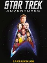 A starfield background with the text "STAR TREK ADVENTURES" at the top. Below, a group of nine characters from Star Trek are arranged in a triangular formation. The characters are from various series and include both human and alien figures, all wearing Starfleet uniforms or other recognizable attire. The arrangement is set against a glowing, triangular warp trail effect.