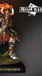 Kishtaar the Conqueror is depicted as a fierce warrior in ornate brass-faced armor adorned with intricate details and horned accents. She has long, flowing orange hair and stands confidently on a textured base with patches of grass. The figure is posed dynamically, holding a weapon in one hand, emphasizing her role as a powerful leader in the Warmachine universe. The name "KISHTAAR THE CONQUEROR" is displayed prominently at the bottom of the image.