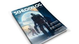 A magazine titled "Schlocklog Vol. 6" is prominently displayed, featuring a dynamic cover illustration. The cover depicts three armored figures in a sci-fi setting, with a large, glowing moon in the background. Text on the cover highlights features such as "Necronauts," "Escape the Horde," and "The Dread Mist," indicating the content within the magazine related to the Star Schlock tabletop game.