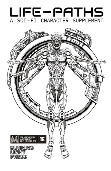 A detailed black-and-white line drawing of a humanoid figure with a skeletal, cybernetic appearance. The figure stands front-facing within a circular frame resembling a mechanical or technological structure. Its body combines organic bone and muscle with mechanical components: exposed ribs, spine, and limbs are interwoven with pipes, gears, and robotic joints. The head is skull-like with hollow eye sockets and a gaping mouth. The arms extend outward, ending in clawed hands, while the legs are positioned apart, anchored to the circular base by mechanical supports. At the bottom of the image, inside a black rectangular box, white text reads: "FOR USE WITH THE MOTHERSHIP 1E".