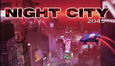 A vibrant, futuristic cityscape of Night City is depicted, showcasing towering skyscrapers adorned with neon lights and holographic advertisements. In the foreground, two figures sit on a rooftop, gazing out over the bustling streets below, where a flying police vehicle zips through the air. The sky is a striking gradient of red and purple, enhancing the cyberpunk atmosphere of the scene.