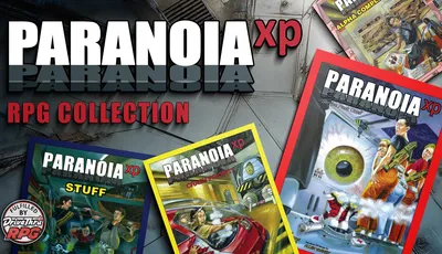 A collection of tabletop roleplaying game PDFs from Mongoose Publishing's ParanoiaXP is displayed, featuring several book covers prominently. The covers include "Paranoia XP," "Alpha Complex," and "Crash Priority," each showcasing vibrant artwork that reflects the game's dark humor and futuristic themes. The background features a metallic surface, enhancing the sci-fi aesthetic of the scene.