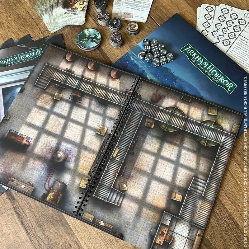 Open Arkham Horror battle mat on wooden table with dice, cards, and game accessories.