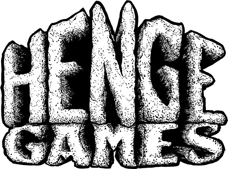 The image features the logo of Henge Games, prominently displaying the name "HENGE GAMES" in a bold, stylized font that resembles rugged stone or rock formations. The letters are textured with a rough, uneven surface, giving a sense of strength and durability. The overall design conveys a fantasy theme, fitting for a game centered around barbarian warriors and epic adventures. The background is transparent, allowing the logo to stand out clearly.