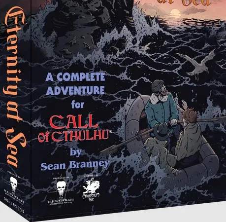 A box titled "Eternity at Sea" features a dramatic illustration of a rocky coastline with a dark, ominous building perched atop a cliff, surrounded by turbulent waves and seagulls in flight. Two figures in a small boat are depicted in the foreground, navigating the choppy waters, while the title and subtitle highlight it as a complete adventure for the Call of Cthulhu roleplaying game. The overall color palette includes deep blues and grays, enhancing the eerie atmosphere of the scene.