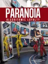 PARANOIA ALGORITHMIC LOYALTY, people in yellow and red suits, screens with faces, selfie stick.