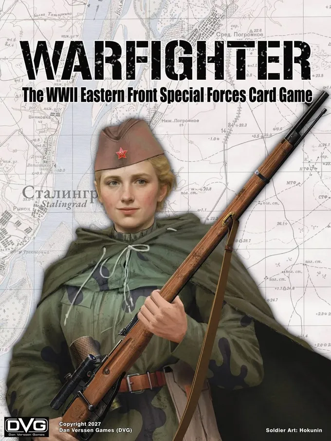 A person in a green military uniform and camouflage cape, wearing a brown cap with a red star, holding a bolt-action rifle with a bayonet. Behind them, a faded topographic map with Cyrillic text, including the word "Сталинград" (Stalingrad). At the top, bold text reads "WARFIGHTER The WWII Eastern Front Special Forces Card Game".