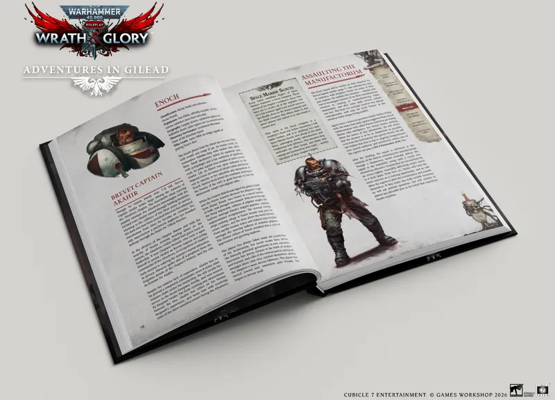 An open book titled "Adventures in Gilead" from the Warhammer 40,000 Roleplay: Wrath & Glory collection displays two pages. On the left page, there is an illustration of Brevet Captain Akahir, depicted in a helmet and armor, alongside a description of the character. The right page features text about "Assaulting the Manifestorium," with a smaller image of a Space Marine Scout. The pages have a dark, gritty aesthetic typical of the Warhammer 40,000 universe, with a muted color palette and detailed artwork.