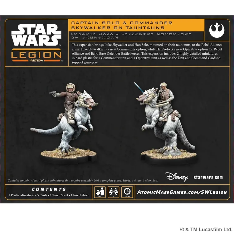 Luke Skywalker and Han Solo are depicted riding Tauntauns in this expansion for Star Wars: Legion. Luke, holding a blaster, is positioned on the left, while Han, equipped with a lightsaber, is on the right, both mounted on their respective Tauntauns. The background features a dark design with the Star Wars: Legion logo and details about the contents of the set, including the number of miniatures and gameplay elements.