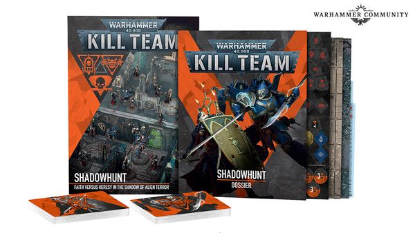 The image features the new "Kill Team: Shadowhunt" set, prominently displaying two rulebooks titled "SHADOWHUNT" and "SHADOWHUNT DOSSIER." The covers showcase dynamic artwork, including a battle scene with miniatures and characters from the Adepta Sororitas and Chaos Space factions. In the foreground, several datacards are visible, featuring vibrant orange and black designs, alongside a textured game board with various symbols and numbers.