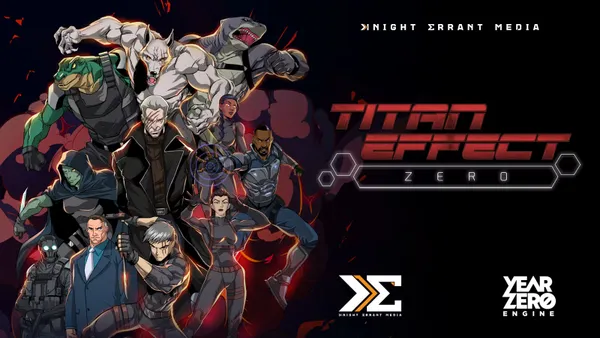 Group of twelve animated characters in dynamic poses, set against a dark, fiery background. Central figure wears a black trench coat with glowing symbols, flanked by armored soldiers, a green-skinned figure, and a robotic figure. One character holds a glowing orb, another wields a knife.
