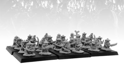 The image features a group of miniature goblins, known as Goblin Rabble, arranged on black bases. These figures are depicted in a variety of poses, showcasing their crude weapons and armor, with some holding spears, swords, and shields. The miniatures are unpainted and made of a light-colored material, emphasizing their detailed sculpting, while a blurred background suggests a chaotic battlefield setting. The logo for "Leviathan: Lords of Havoc" is displayed at the top, indicating the context of the release.