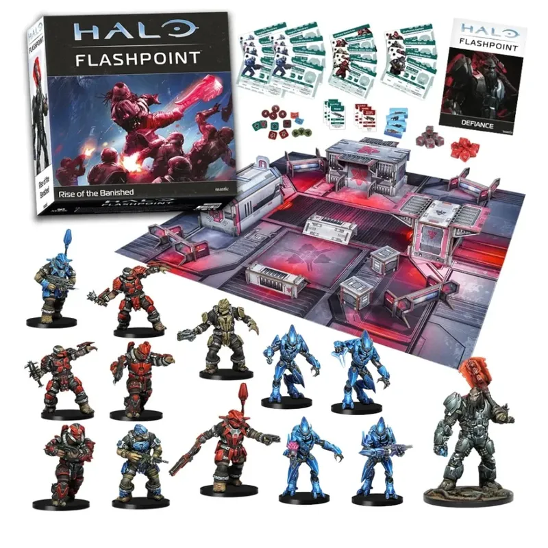 A boxed set for "Halo: Flashpoint" titled "Rise of the Banished" is prominently displayed, featuring a vibrant gaming board with red and gray terrain elements. Surrounding the box are various miniatures, including armored figures and alien characters, showcasing a mix of colors like blue, red, and green. Additional components such as dice, tokens, and a rulebook titled "Defiance" are also visible, enhancing the game's playability.