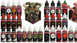 A detailed image showcases a vibrant miniature of a Chaos Space Marine, prominently featuring green skin, horns, and intricate armor details, holding a weapon. Surrounding the miniature are various paint bottles labeled with names like "Elder Flower," "Military Shade," and "Gun Metal," organized in two groups. The colors range from earthy tones to metallics, emphasizing the curated selection for painting Chaos forces in Warhammer 40,000.