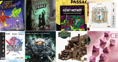 Top left: "PASSAGE" logo, "SECRET PASSAGES" box with colorful fantasy art, text "A CELEBRATION OF CLASSIC TABLETOP GAMING." Top right: "Line by Line" book cover showing a child in a mirror with text "Designed by Tink Stainton."