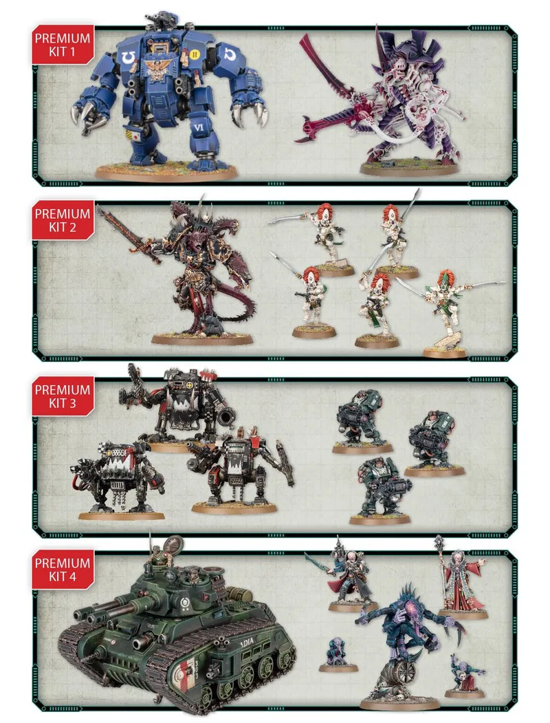 Three rectangular display trays, each bordered in black with corner rivet details, showcase painted miniature figurines for a tabletop game.

Top tray: Four blue robotic miniatures with mechanical limbs and weapons stand on round bases. One has the visible marking "VI" on its shoulder.

Second tray (labeled "PREMIUM KIT 2" in red text on a white label):
- A large, winged creature with a skeletal face, horns, and a spiked tail stands on a round base, holding a scythe-like weapon.
- Three smaller humanoid figures in ornate armor, each holding a staff or spear, stand on round bases. One has a red helmet, another a white helmet with a green plume, and the third has a green helmet.

Third tray (labeled "PREMIUM KIT 3" in red text on a white label):
- Five mechanical, humanoid miniatures with heavy armor and weapons, including guns and blades, stand on round bases.

Bottom tray (labeled "PREMIUM KIT 4" in red text on a white label):
- A green tank-like vehicle with a turret and mounted weapons.
- Two
