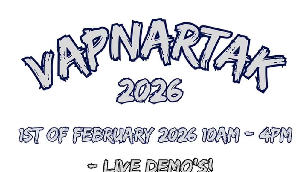The text features the title "VAPNARTAK 2026" in a bold, stylized font, emphasizing the event's name. Below, it states the date as "1st of February 2026" along with the time "10AM - 4PM." Additional details highlight the presence of live demonstrations, suggesting an engaging atmosphere for attendees.