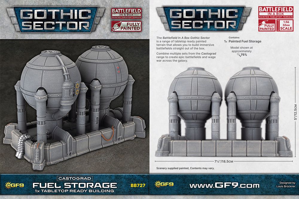 A detailed model of a fuel storage facility featuring two large, spherical tanks supported by cylindrical pillars, all set on a rectangular base. The structure is painted in shades of gray, with various pipes and mechanical details adding to its industrial look. Accompanying text indicates it is part of the Gothic Sector range, designed for tabletop gaming and ready for immediate use.